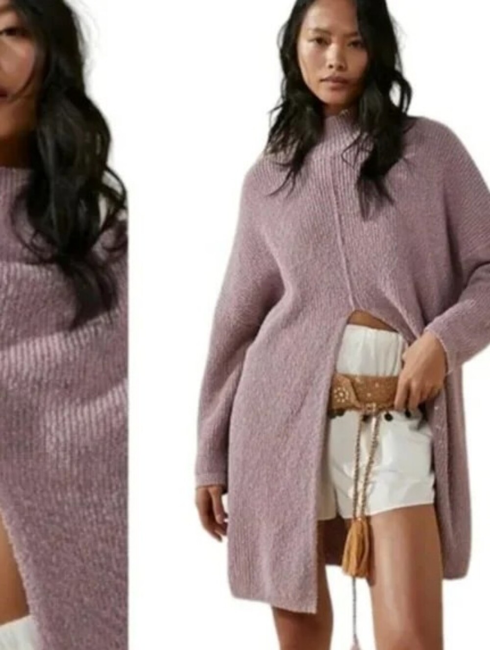 Free People Beach Coco Mockneck Pullover Sweater Burnished Lilac Front Slit LG